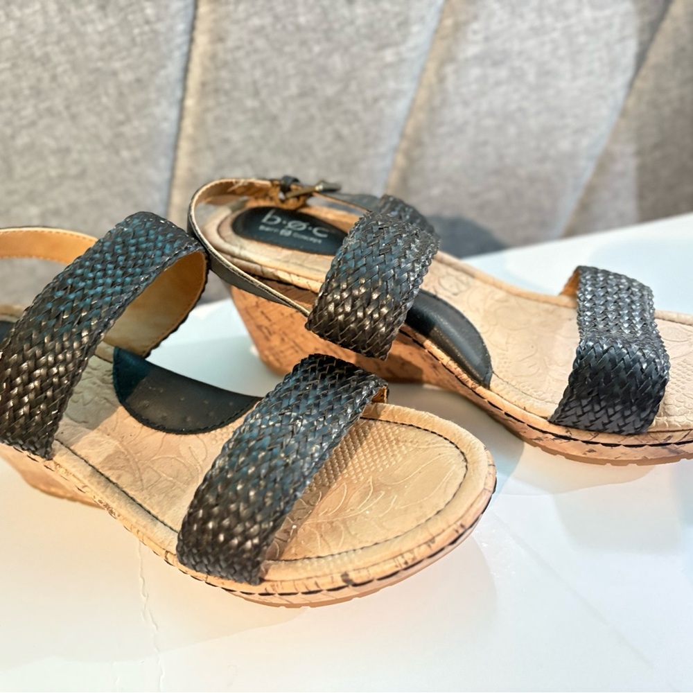 b.o.c. Black and Tan Wedge Sandals with Woven Straps